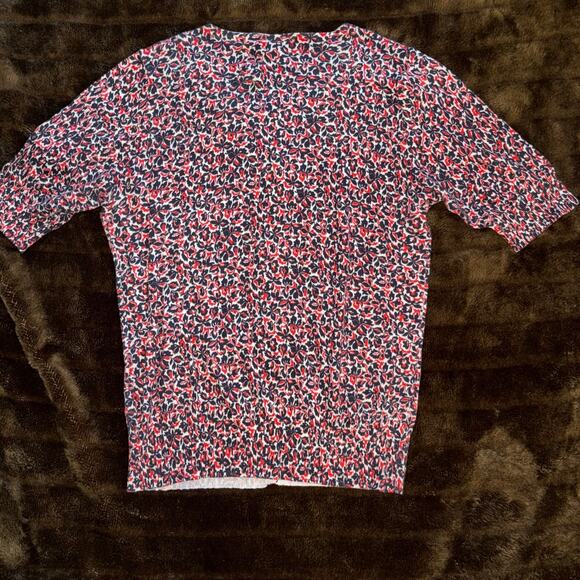 Ann Taylor M Black & Red Floral Print on White Short Sleeve Cardigan - Picture 3 of 6